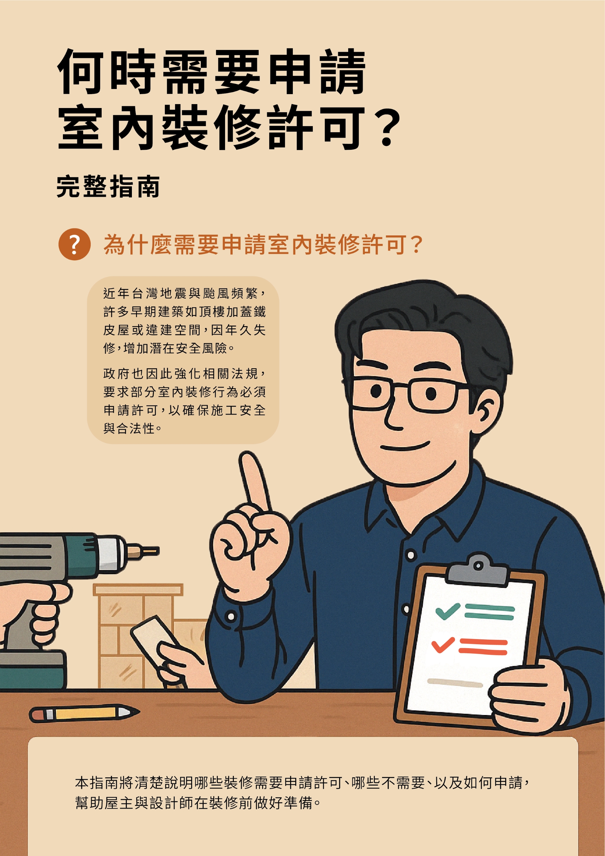 插畫風圖解：何時需要申請室內裝修許可？說明必須申請與免申請的裝修行為與常見項目，搭配設計師角色講解